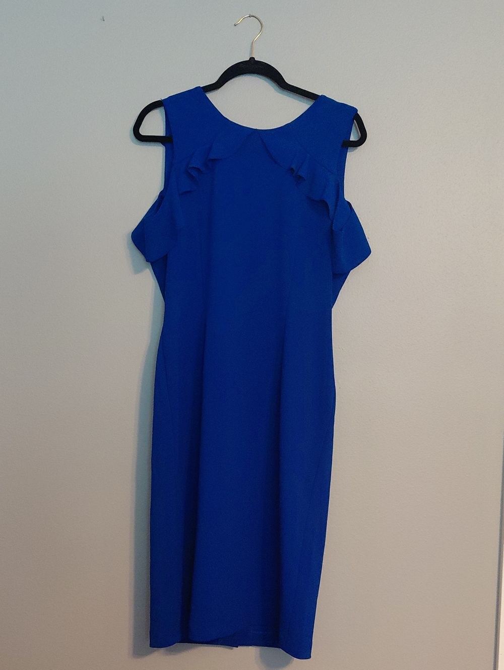 Blue Ruffle Cold-Shoulder Sheath Dress